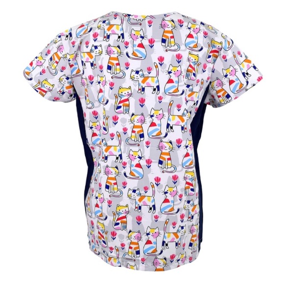 Cat Print V-Neck Microfiber Scrub Top with Stretch Side Panels - Picture 4 of 8